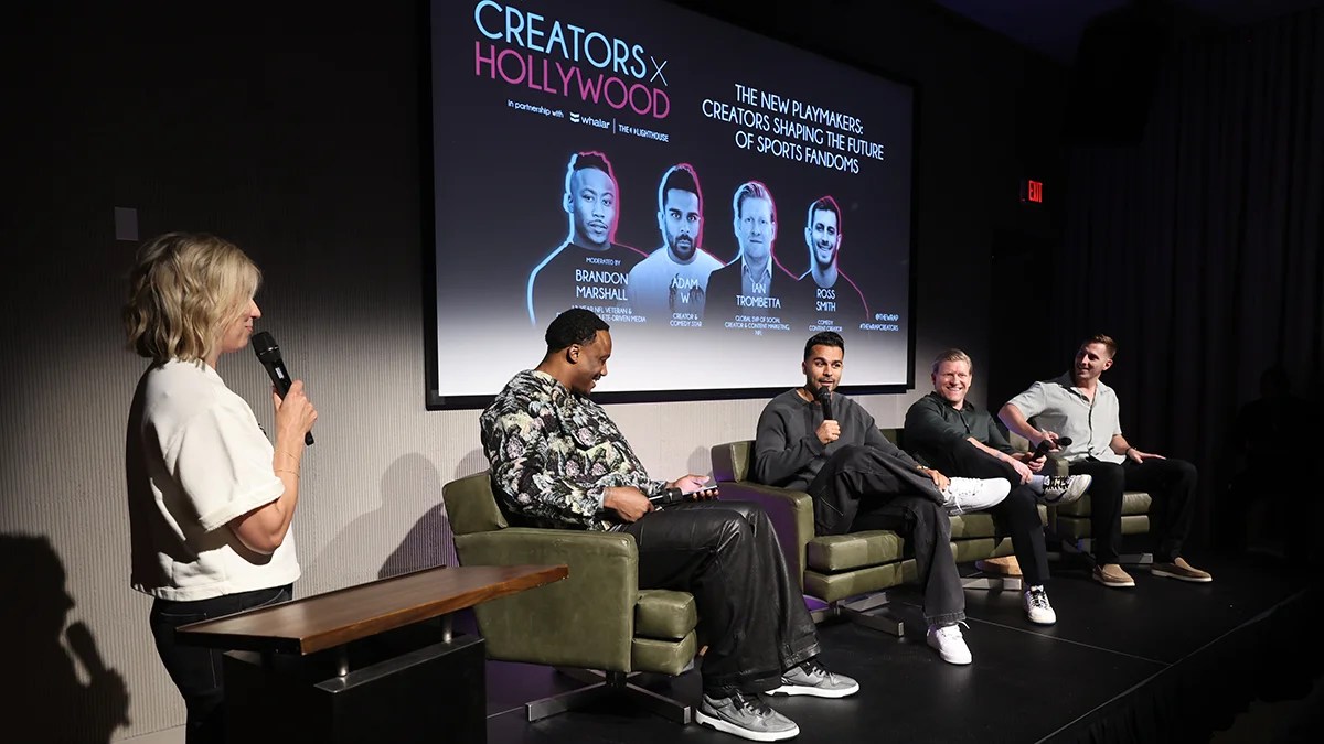 Jo Cronk, Co-CEO, Whalar; Brandon Marshall, 13-Year NFL Veteran & Pioneer of Athlete-Driven Media; Adam W, Creator & Comedy Star; Ian Trombetta, Global SVP of Social, Creator & Content Marketing, NFL; and Ross Smith, Comedy Content Creator, speak onstage during the “The New Playmakers & Creators Shaping the Future of Sports Fandoms” at TheWrap’s Creators x Hollywood Summit on April 8, 2026. (Randy Shropshire for TheWrap)