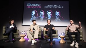 Kayla Cobb moderates the “The Next Wave of Short-Form Storytelling” panel with Dhar Mann, Fox Entertainment CEO Rob Wade and Tony Vassiliadis, Fox Entertainment's EVP of Operations & Strategy at TheWrap's Creators x Hollywood at the Lighthouse on April 8, 2026. (Randy Shropshire for TheWrap)