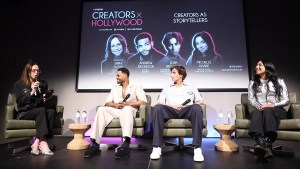 Shira Lazar, Founder & CEO, What's Trending, Creators 4 Mental Health, Andrew Bachelor, actor and creator, Josh Richards, Entrepreneur, Multi-Hyphenate Creator & Cultural Architect, CrossCheck Studios speak onstage during the “Creators as Storyteller” panel at TheWrap’s Creators x Hollywood at the Lighthouse on April 8th, 2026, Venice, CA