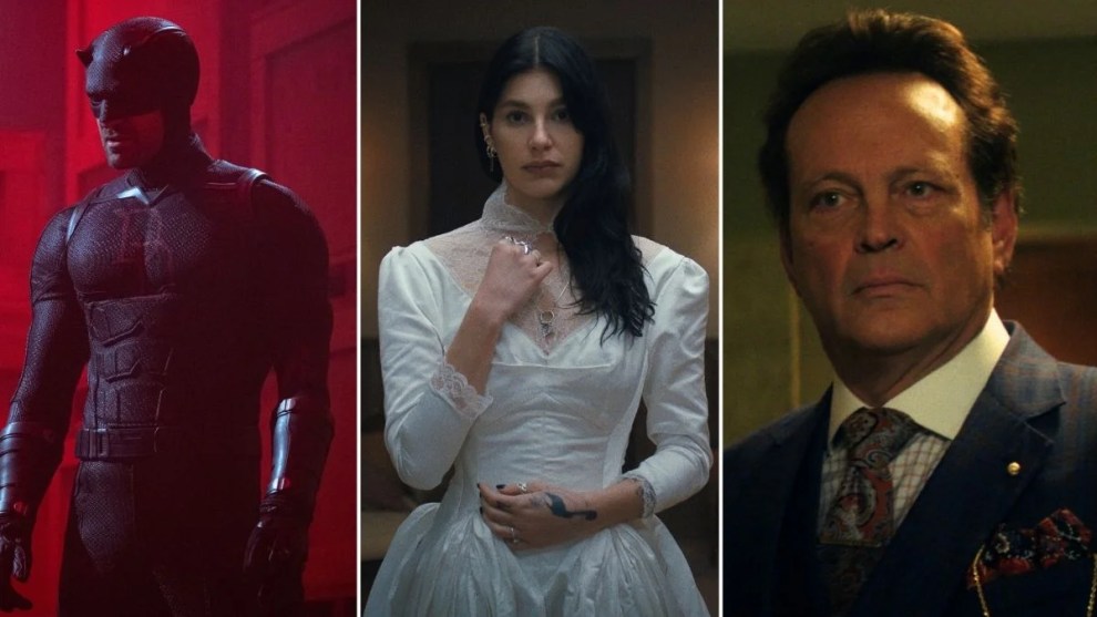 Left to right: “Daredevil: Born Again” Season 2 (Jojo Whilden/Disney+), “Something Very Bad Is Going to Happen" (Netflix) and “"Mike & Nick & Nick & Alice" (Hulu)