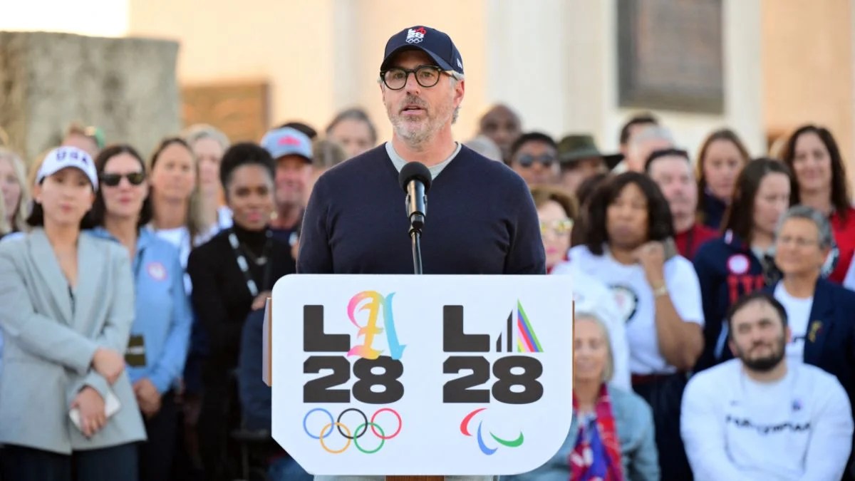 Chairman of the LA2028 Olympics Organizing Committee Casey Wasserman speaks during a ceremonial lighting of the LA28 Olympic cauldron at the Memorial Coliseum in Los Angeles on January 13, 2026, ahead of the launch of ticket registration for the 2028 Summer Olympic Games. (Getty Images)