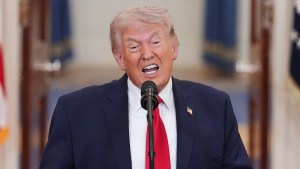 U.S. President Donald Trump speaks from the Cross Hall of the White House on April 1, 2026 in Washington, DC